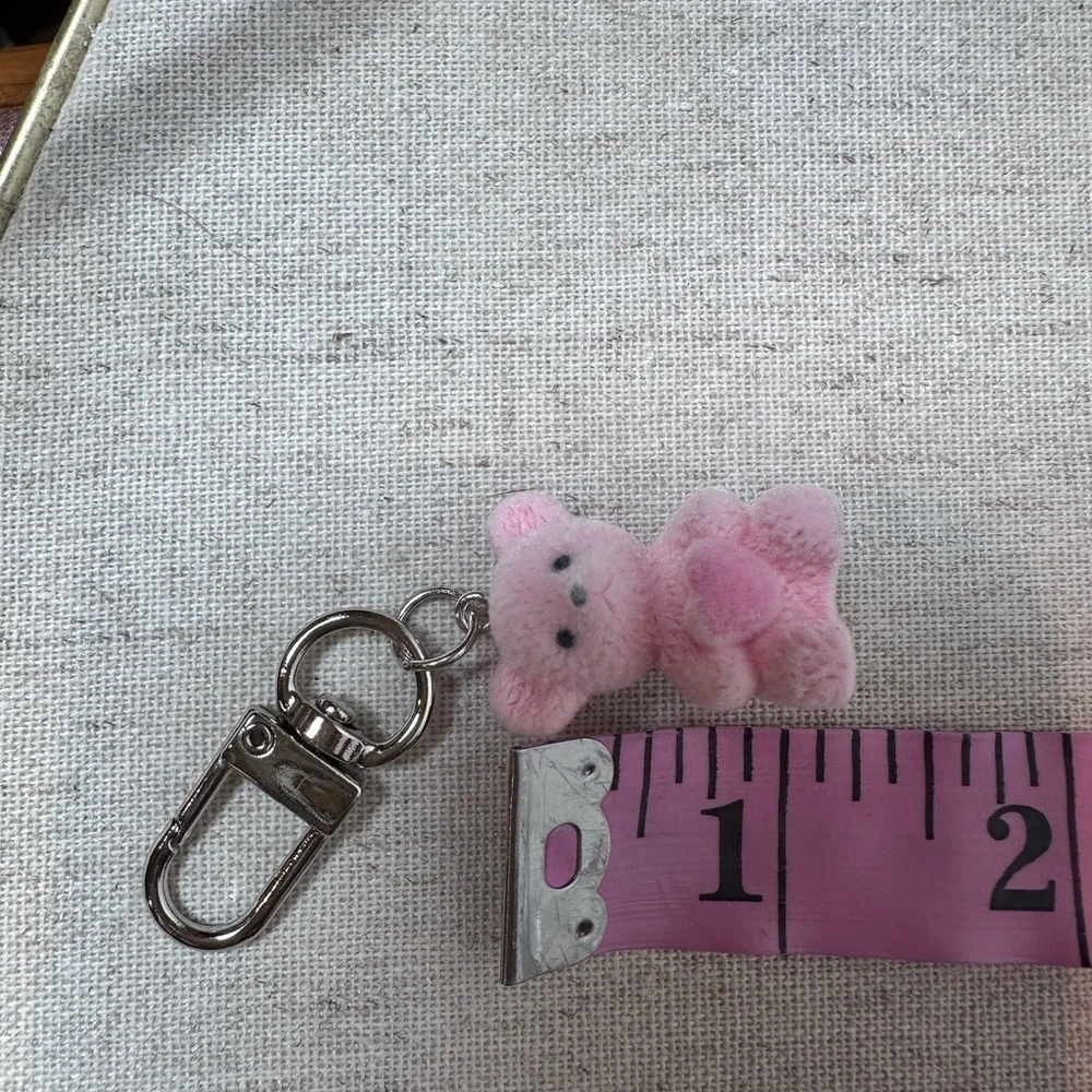 Fuzzy Teddy Bear Pink With Flocked Clip Dangle Backpack Heart Charms